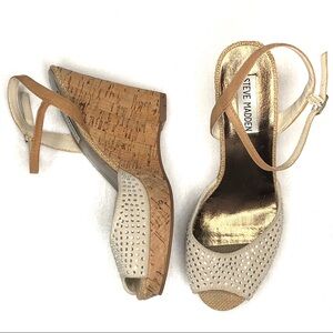 Steve Madden Glitery Rhinestones Suede Leather Cork Peep Toe Wedge Heels 6.5M